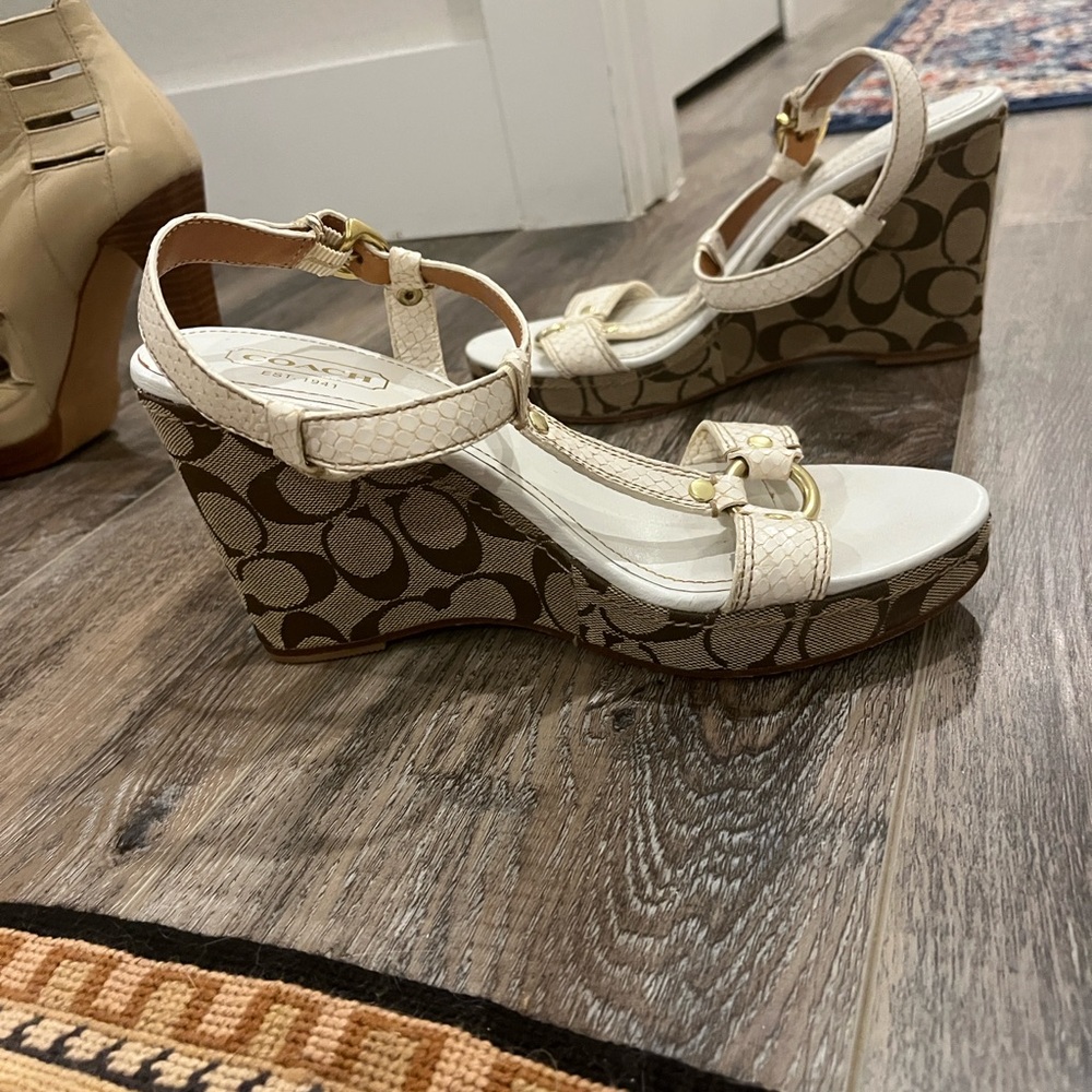 Coach Beige and Brown Wedge Sandals - Picture 3 of 15